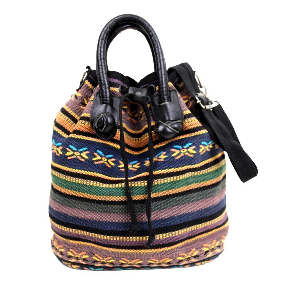 ROOMY SUN & SAND NATIVE PRINT CANVAS LEATHER TRIM SHOULDER BAG HANDBAG PURSE